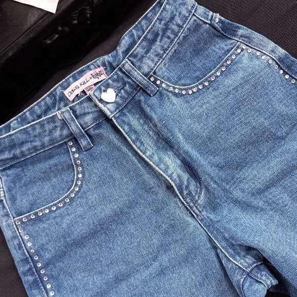 Bratz × Dolls Kill like new heart Pocket rhinestone adorable str8leg jeans! - Picture 10 of 12